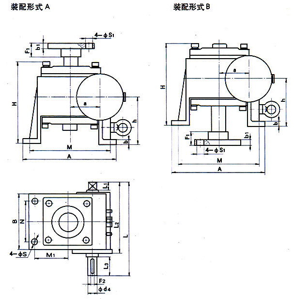 WJ63、WJ80、WJ100、WJ125、WJ160、WJ200型蜗轮丝杠升降机外形安装尺寸