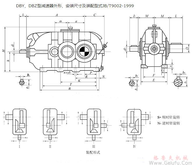 DBY160、DBZ160、DBY180、DBZ180、DBY200、DBZ200、DBY224、DBZ224、DBY250、DBZ250、DBY280、DBZ280、DBY315、DBZ315、DBY355、DBZ355、DBY400、DBZ400、DBY450、DBZ450、DBY500、DBZ500、DBY560、DBZ560減速機外形、安裝尺寸及裝配型式JB/T9002-1999
