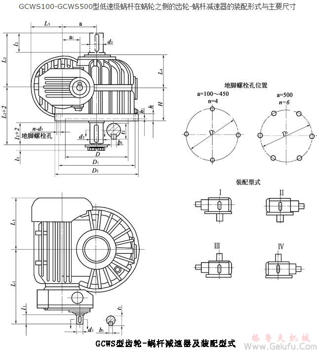 GCWS100、GCWS125、GCWS160、GCWS200、GCWS250、GCWS315、GCWS355、GCWS400、GCWS450、GCWS500、型低速级蜗杆在蜗轮之侧的齿轮-蜗杆减速机的装配形式与主要尺寸（JB/T7008-1993）