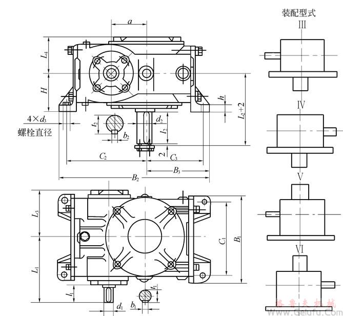 KWS32、KWS40、KWS50、KWS63、KWS80、KWS100、型錐麵包絡圓柱蝸杆減速機的外形安裝尺寸和裝配型式Ⅲ—ⅥJB/T 5559－91