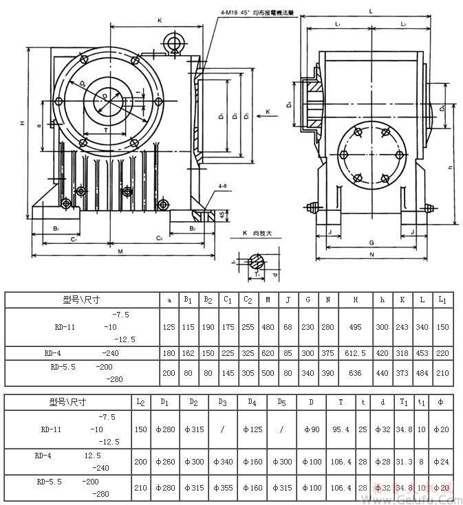 RD-11-7.5、RD-11-10、RD-11-12.5、RD-4-240、RD-5.5-200、RD-5.5-280系列二次包络减速机外形及安装尺寸