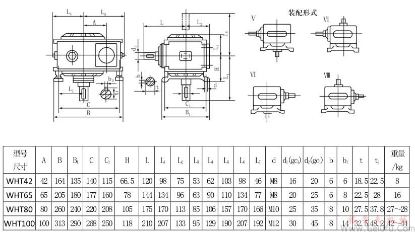 WHT42、WHT65、WHT80、WHT100型圆弧圆柱蜗杆减速机Ⅴ—Ⅷ式安装型式及尺寸JB2318—79