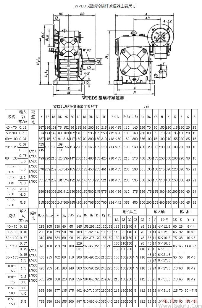 WPEDS型蜗轮蜗杆减速机主要尺寸