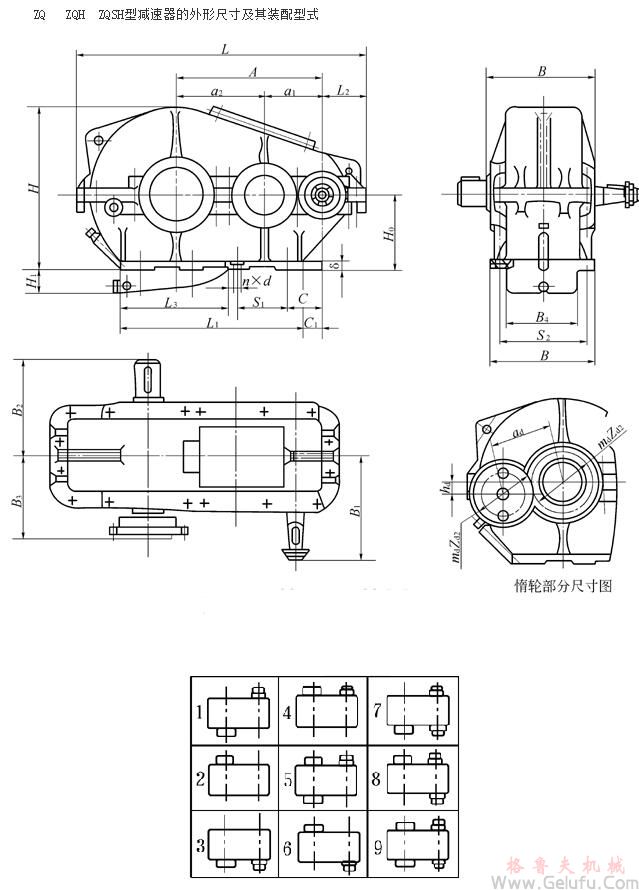 ZQ250、ZQH250、ZQSH250、ZQ350、ZQH350、ZQSH350、ZQ400、ZQH400、ZQSH400、ZQ500、ZQH500、ZQSH500、ZQ650、ZQH650、ZQSH650、ZQ850、ZQH850、ZQSH850、ZQ1000、ZQH1000、ZQSH1000型减速机的外形尺寸及其装配型式